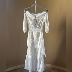 Off-Shoulder Asymmetrical Cream Dress zeus+dione clothes
